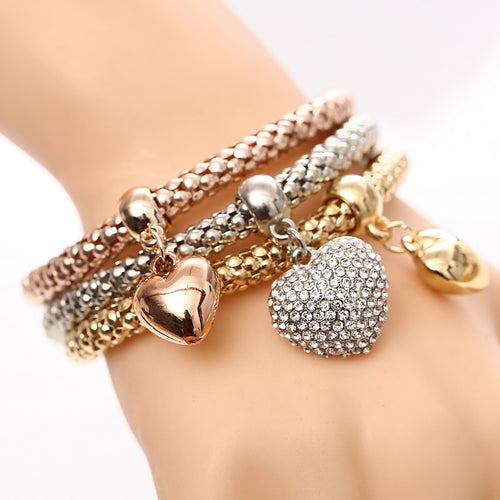 3 Set Crystal Heart Charm Bracelets & Bangles