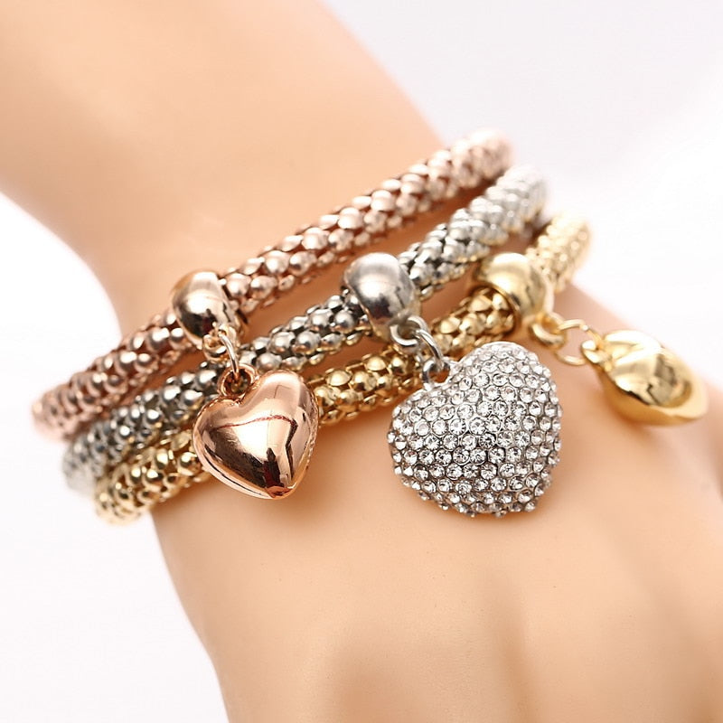 3 Set Crystal Heart Charm Bracelets & Bangles