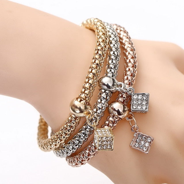 3 Set Crystal Heart Charm Bracelets & Bangles