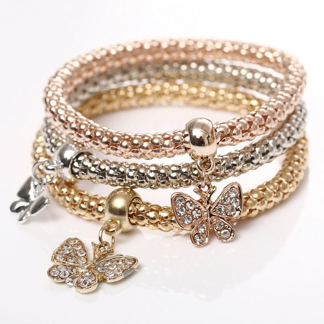 3 Set Crystal Heart Charm Bracelets & Bangles