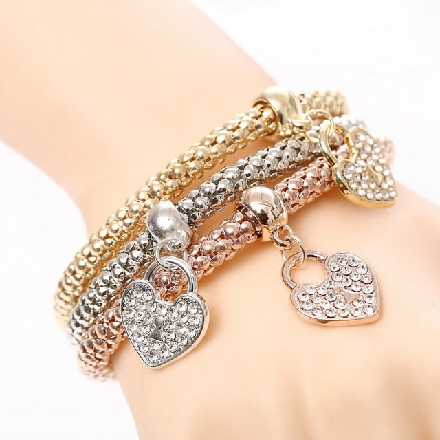 3 Set Crystal Heart Charm Bracelets & Bangles