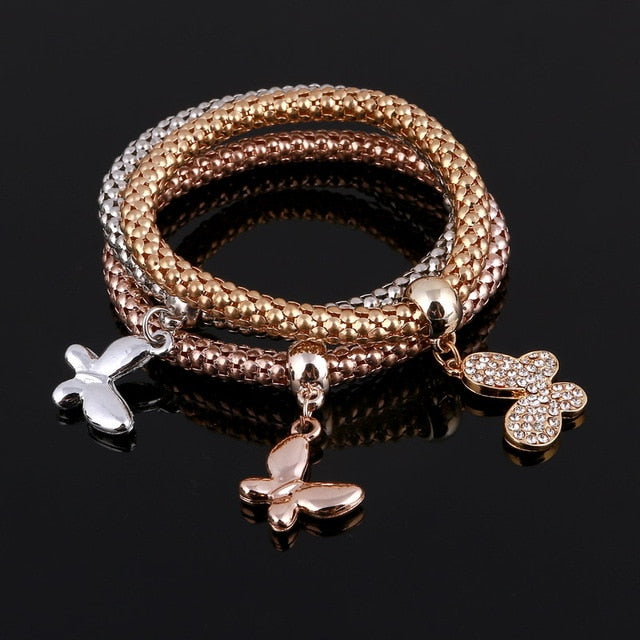 3 Set Crystal Heart Charm Bracelets & Bangles