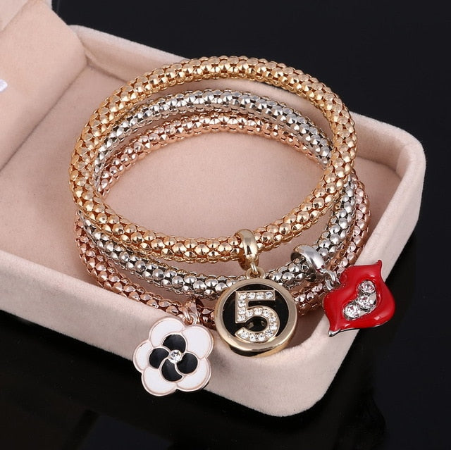 3 Set Crystal Heart Charm Bracelets & Bangles