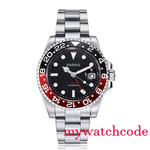 Parnis Mechanical Black Red Ceramic Bezel GMT Automatic Mens Watch