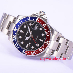 Parnis Mechanical Black Red Ceramic Bezel GMT Automatic Mens Watch