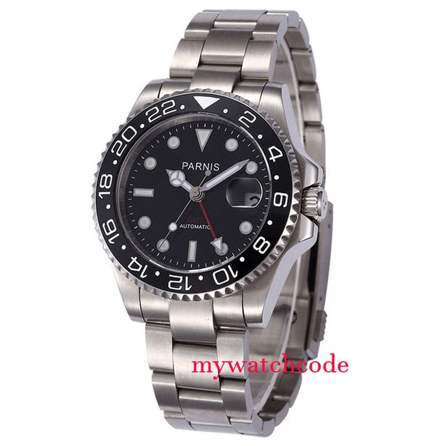 Parnis Mechanical Black Red Ceramic Bezel GMT Automatic Mens Watch