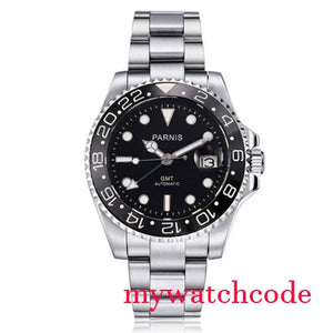 Parnis Mechanical Black Red Ceramic Bezel GMT Automatic Mens Watch